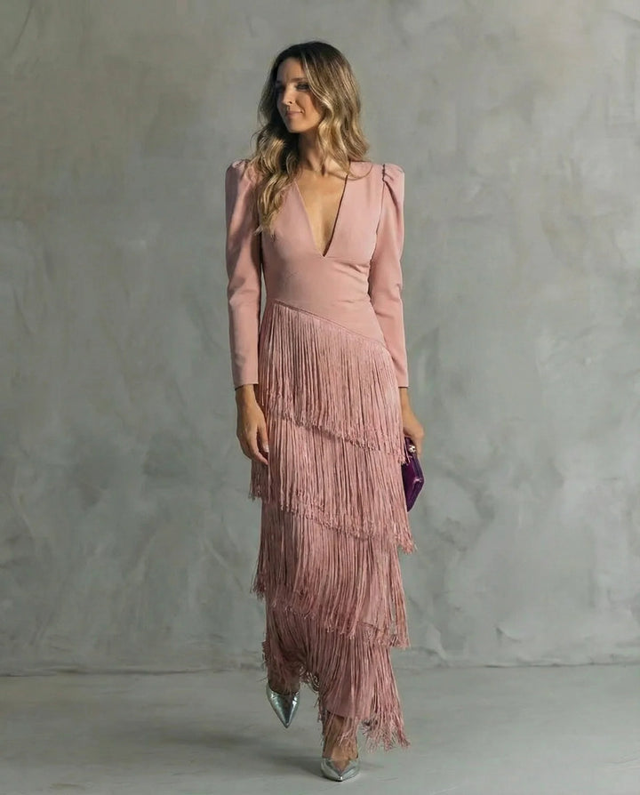 CLARA | Abito midi elegante con maniche a frange